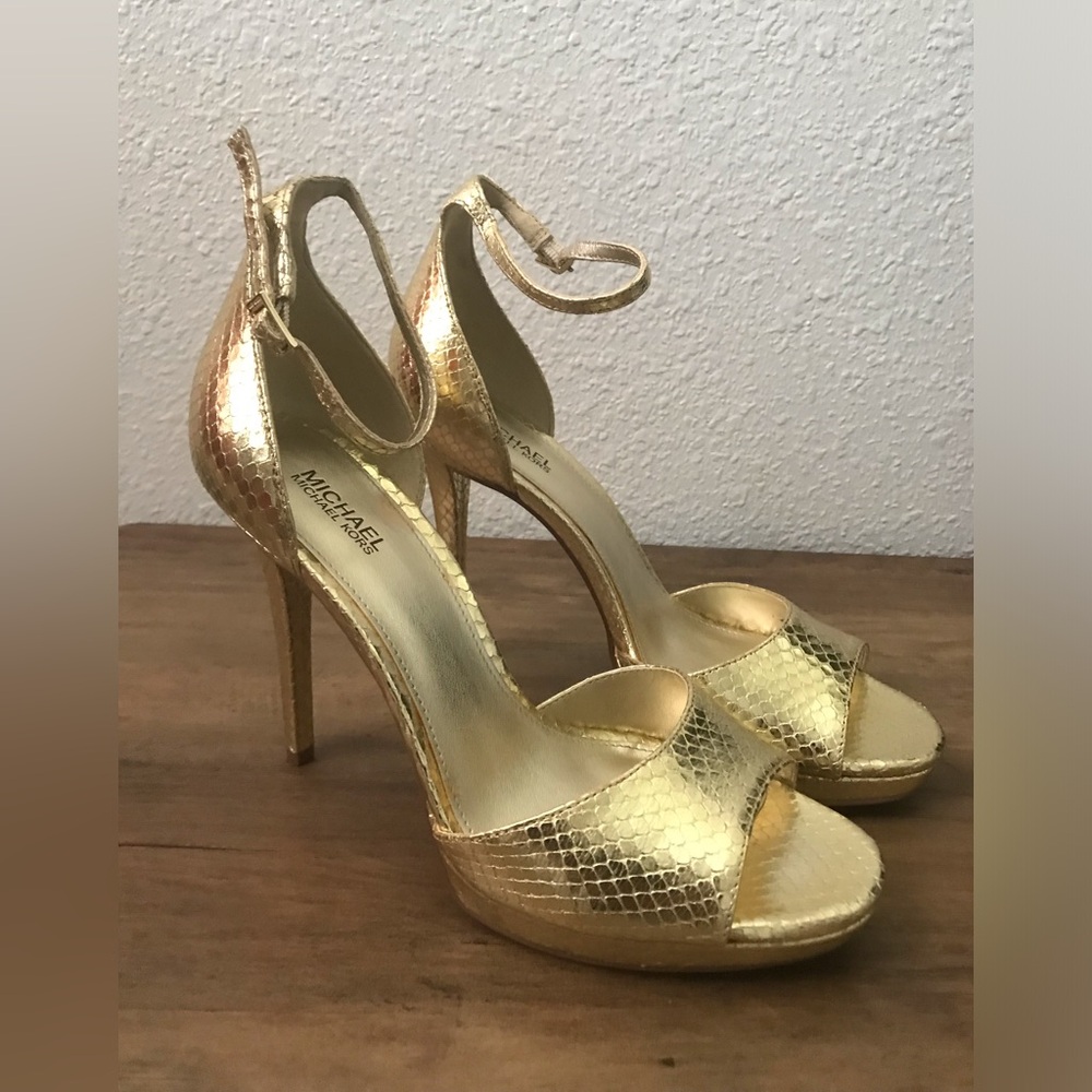 Michael Kors Gold Metallic Snake Embossed High Heel Sandals 7
